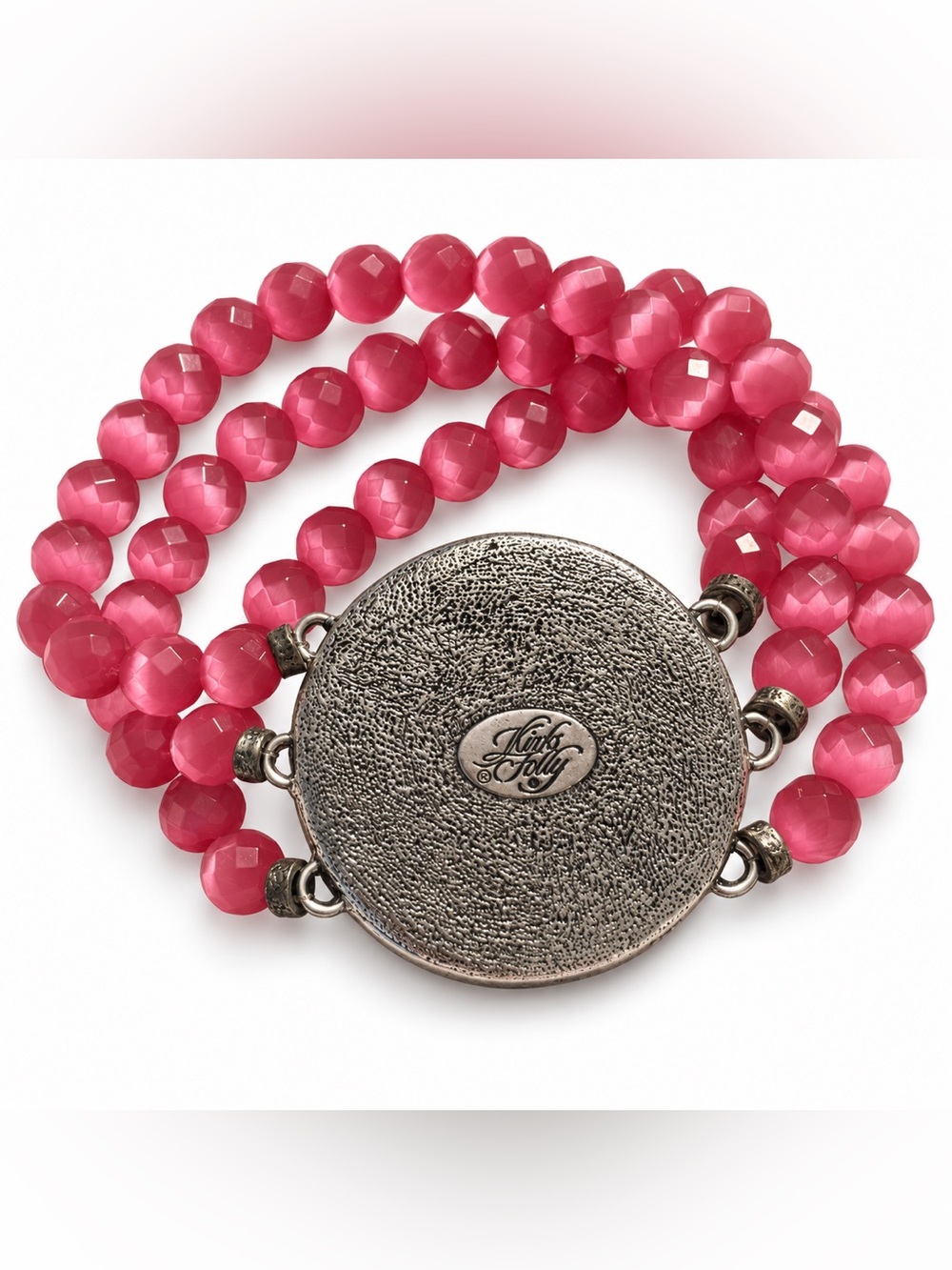 Kirks Folly Pink Cameo Three Strand Beaded Bracelet Rhinestones Iridescent - Picture 2 of 2